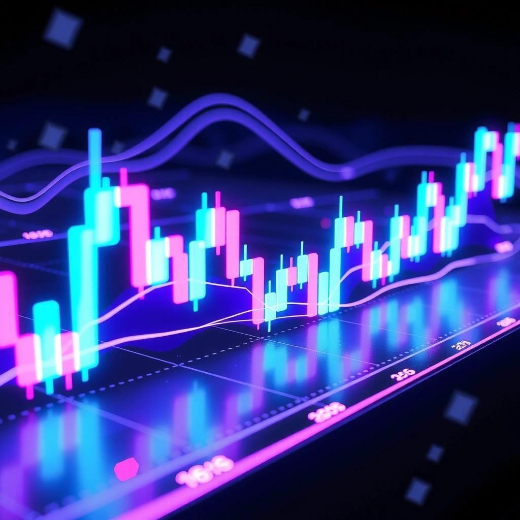 Neon cyberpunk trading interface with purple and cyan graphs